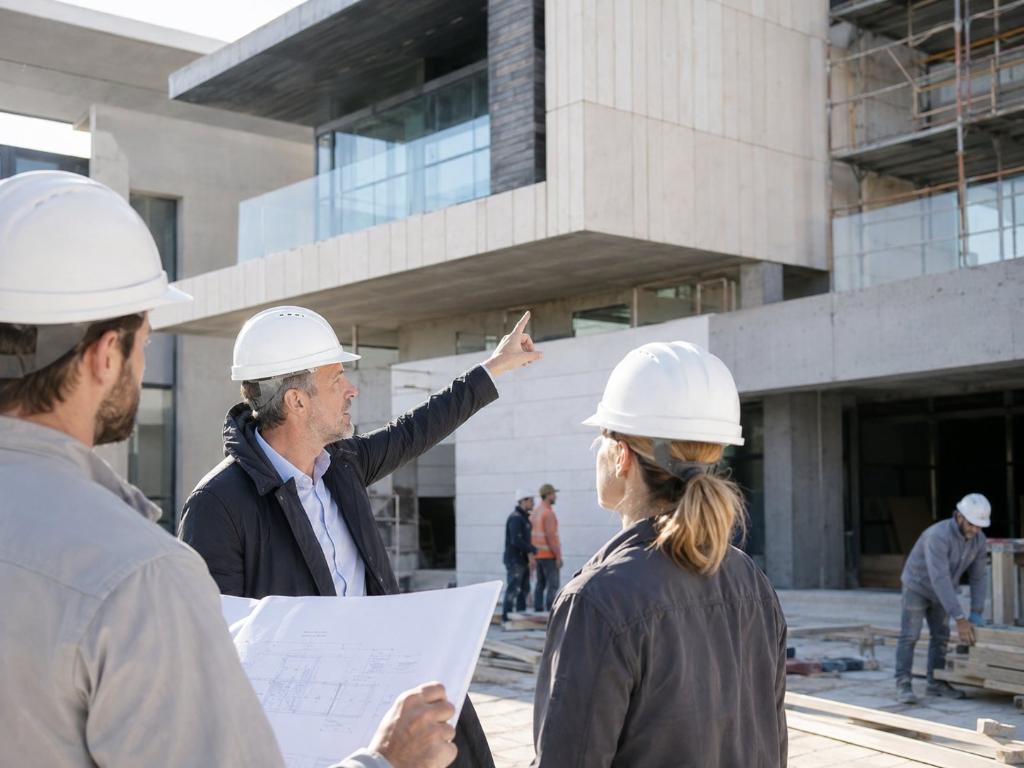 Arquitecto dirigiendo profesionales en obra de construcción