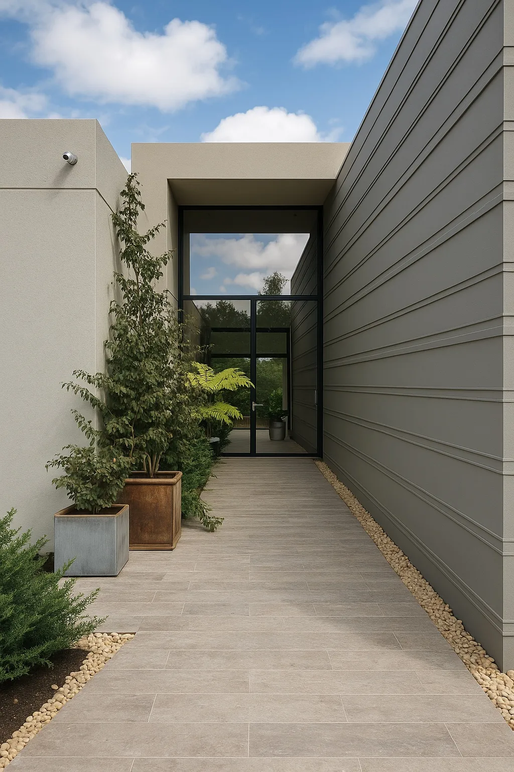 Exterior entrance and courtyard of a contemporary residence