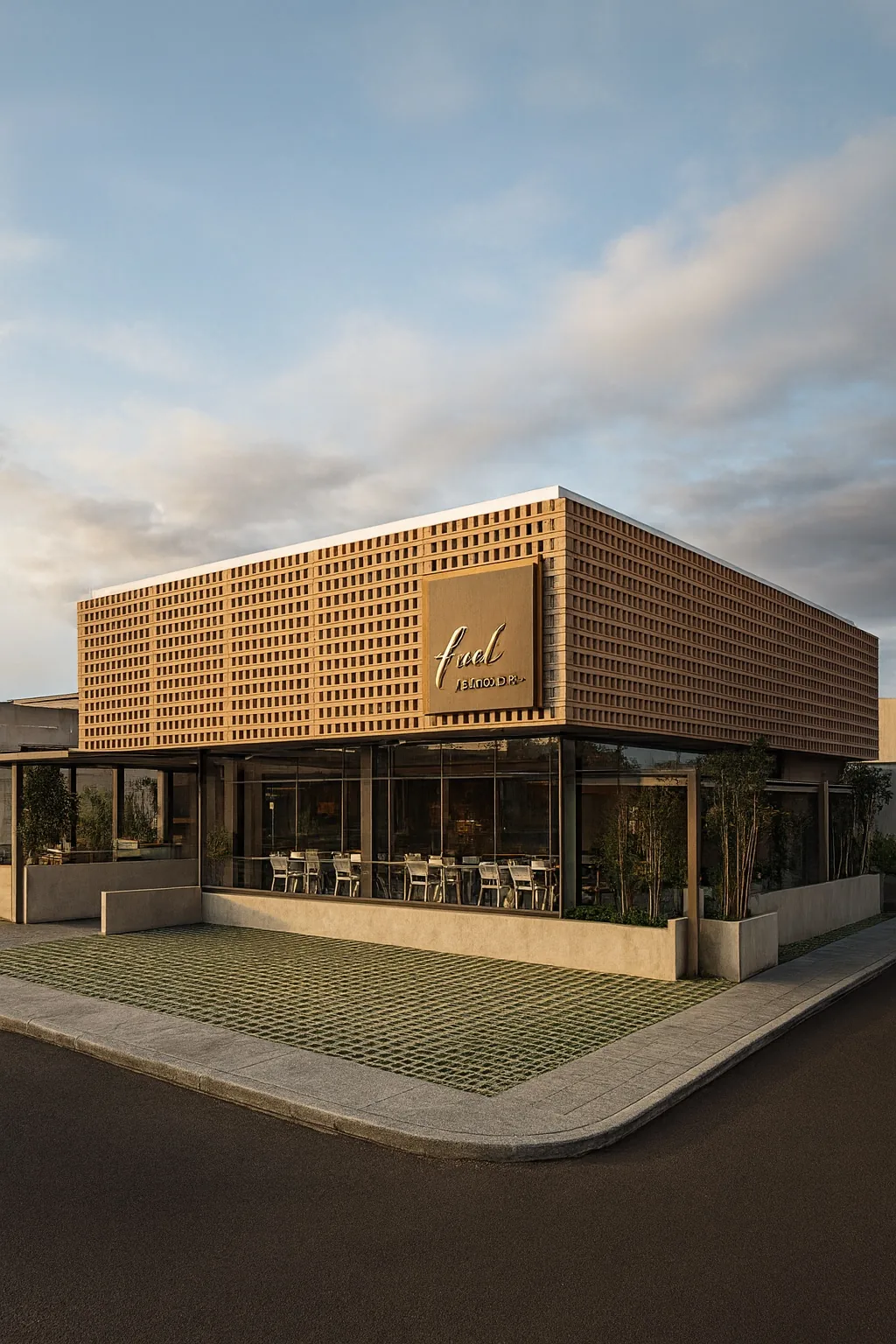 Contemporary restaurant facade with architectural screens