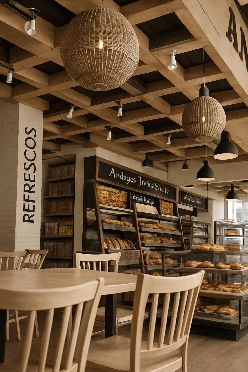 Cafe and bakery interior with product displays