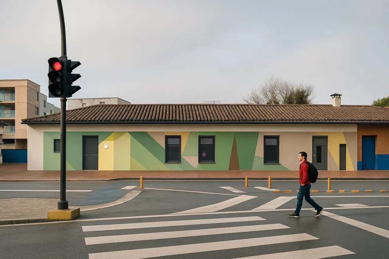 Service building facade with geometric color accents
