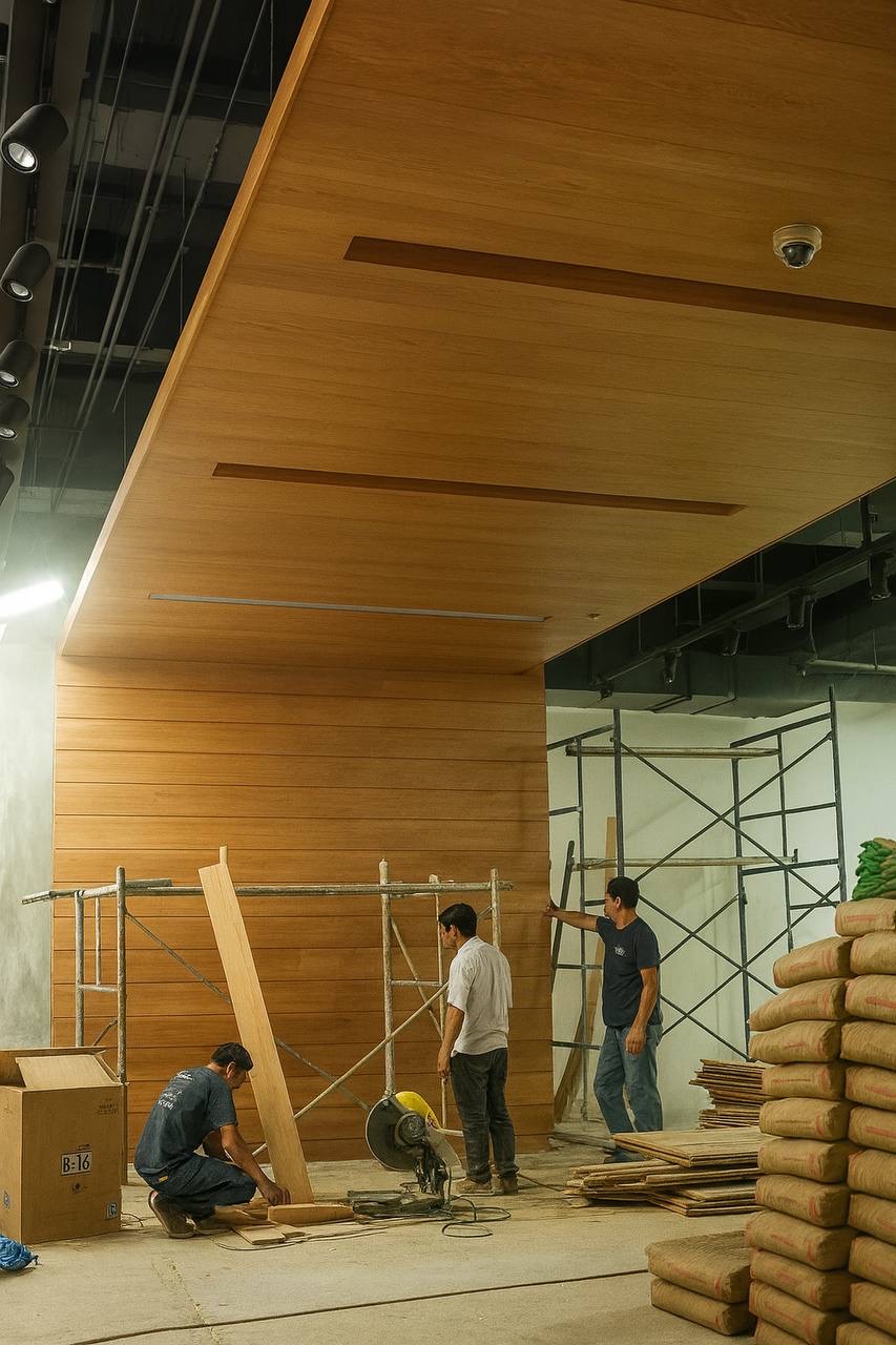 Equipo técnico trabajando en revestimientos de interior comercial