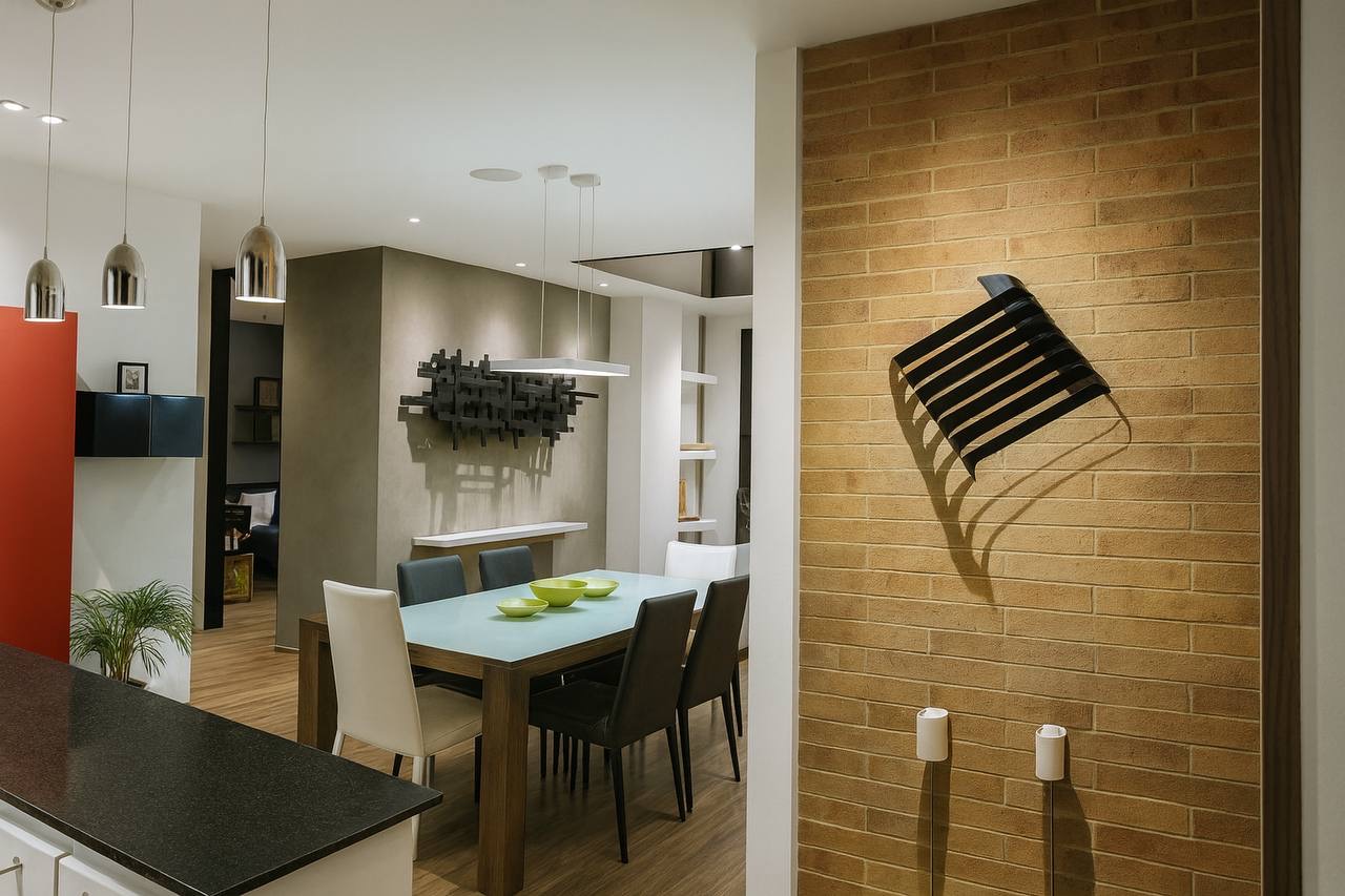 Residential dining room with exposed brick wall — visual reference