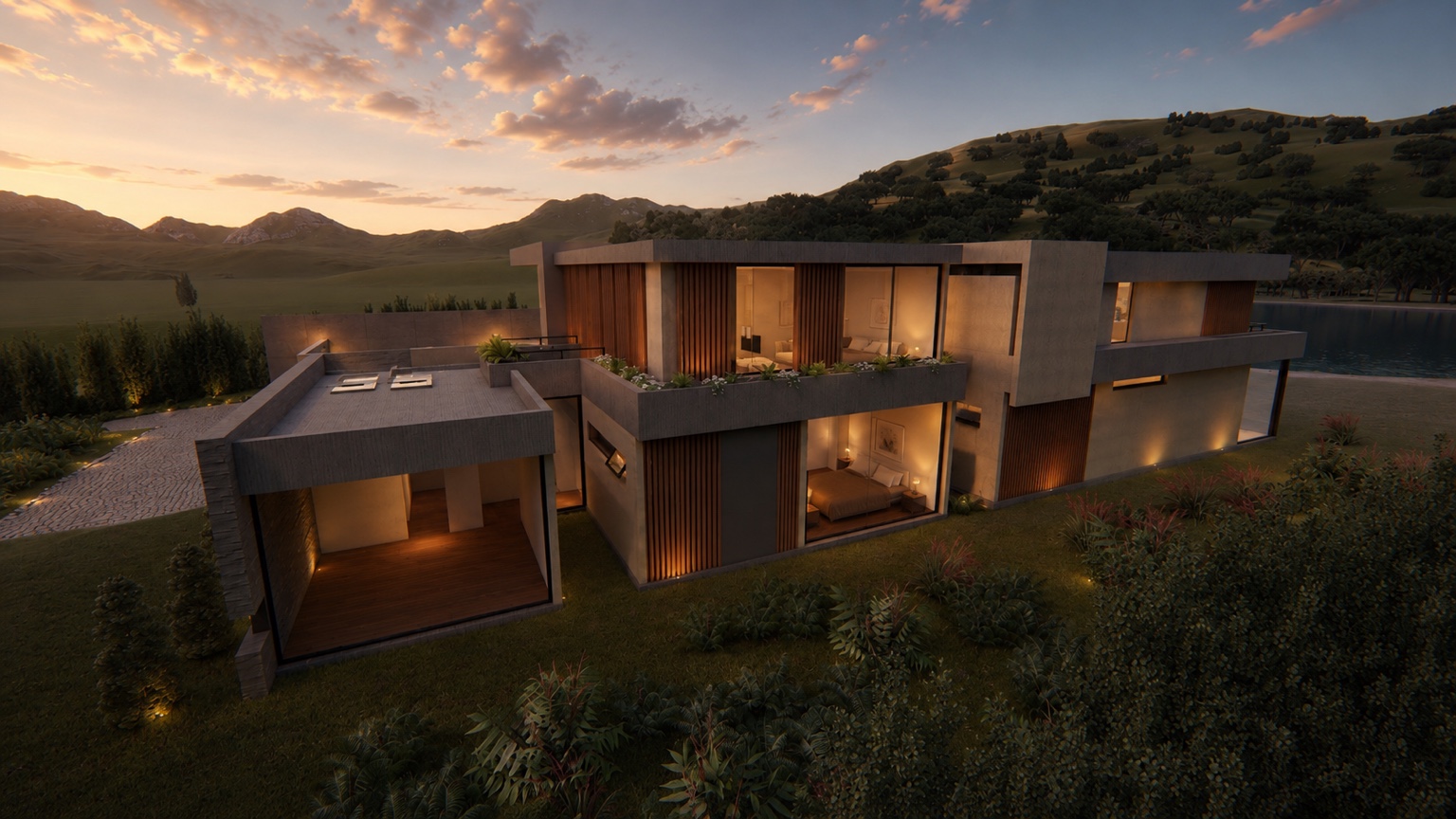 Contemporary residence at sunset