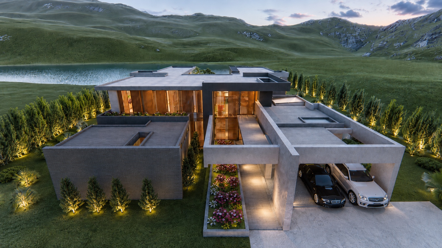Aerial view of contemporary residence